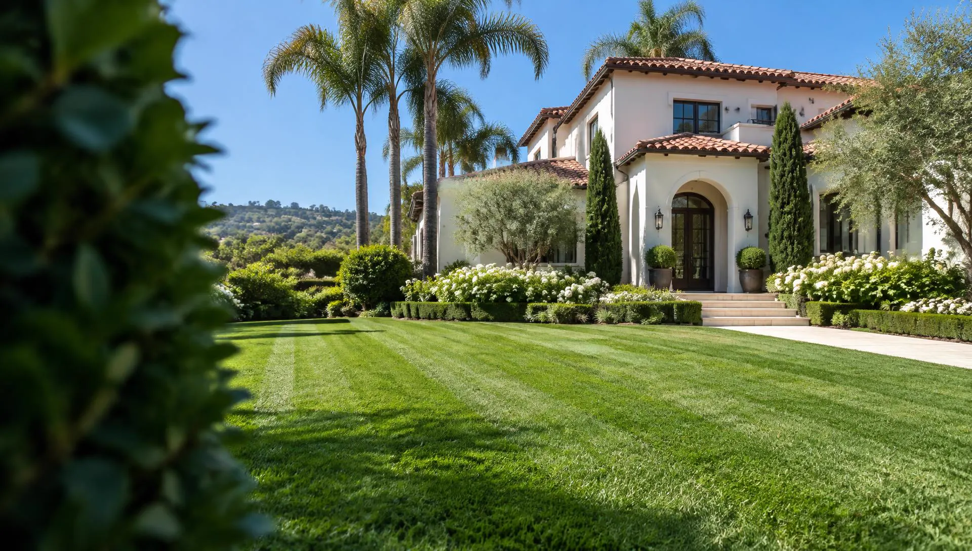 Freshly mowed green lawn in front of a Los Angeles home
